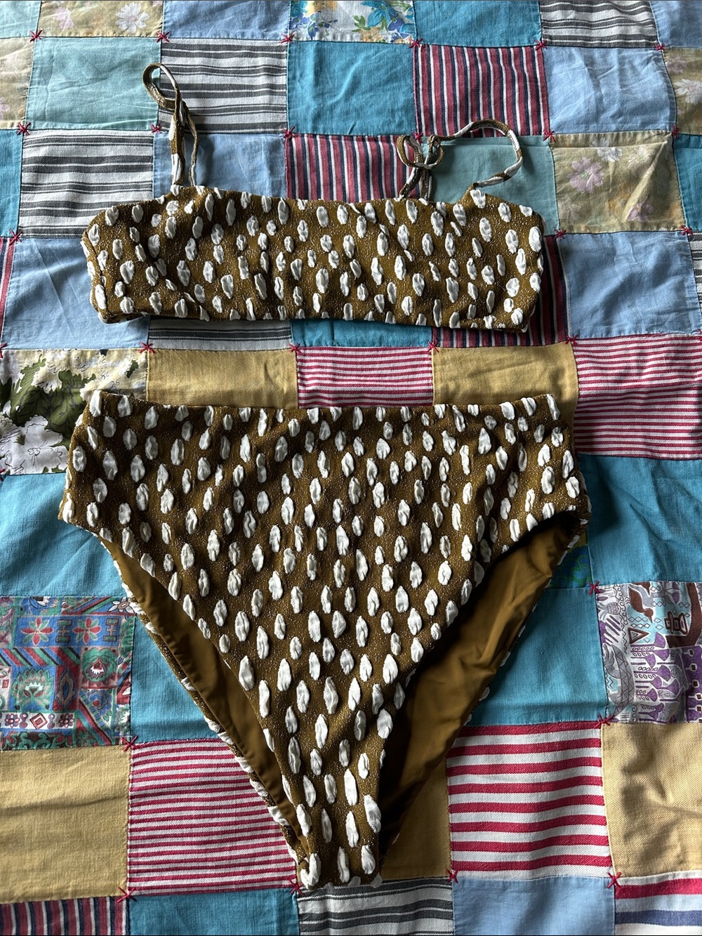 Mara Hoffman High-Waist Bikini Set in Olive with White Dot Print